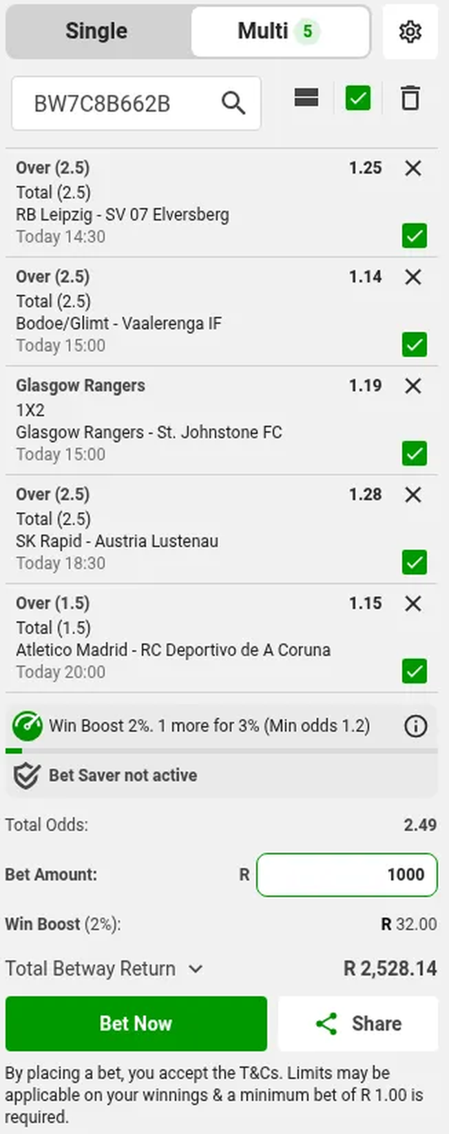Today's Betway ticket showing booking code BW7C8B662B, five selections, a R1000 stake and a total Betway return of R 2,528.14